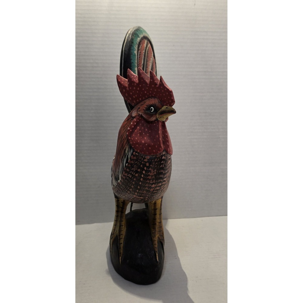 Hand Carved Wooden Rooster Figurine Hand Painted Folk Art Sculpture Rustic Decor - Picture 7 of 10
